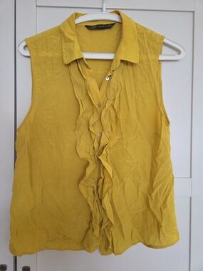 Zara Yellow Ruffle Front Sleeveless Top